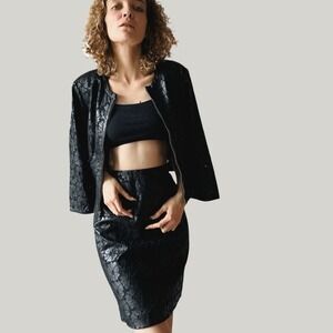 Vintage 90s Zelda Vegan Leather Set – Black Faux Leather Jacket & Skirt – Size 6